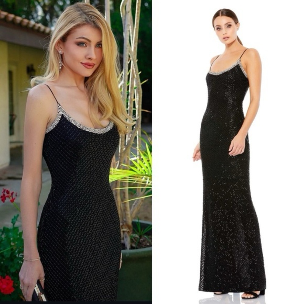MAC DUGGAL Black Beaded Spaghetti Strap Column Gown, BRAND NEW, Size 6, $398